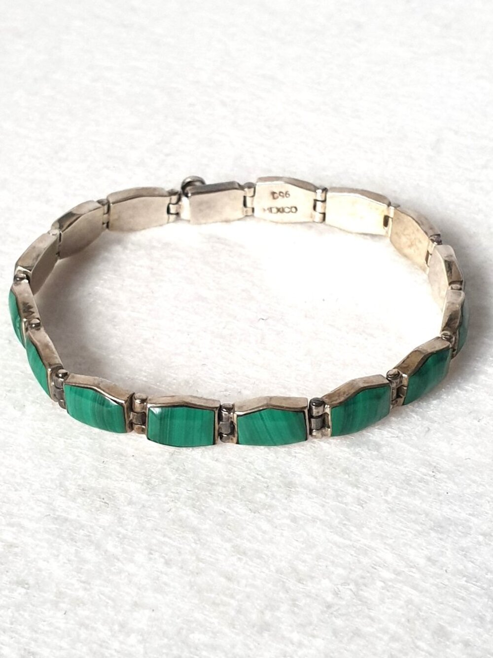 Rare Vintage 1950s Mexico 950 Sterling Silver Malachite Inlay Link Bracelet